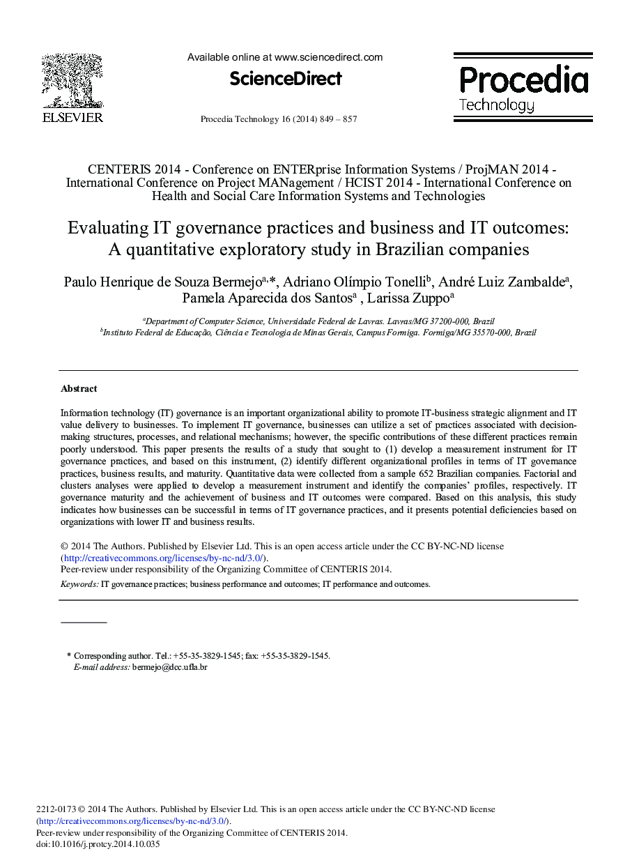 Evaluating IT Governance Practices and Business and IT Outcomes: A quantitative Exploratory Study in Brazilian Companies 