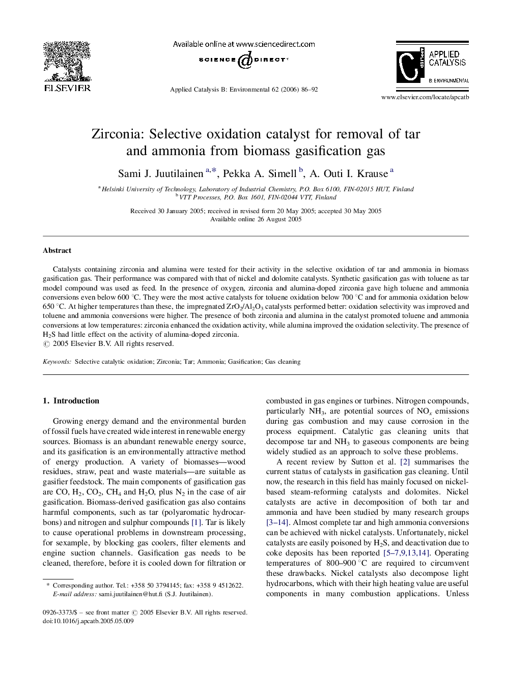 Zirconia: Selective oxidation catalyst for removal of tar and ammonia from biomass gasification gas