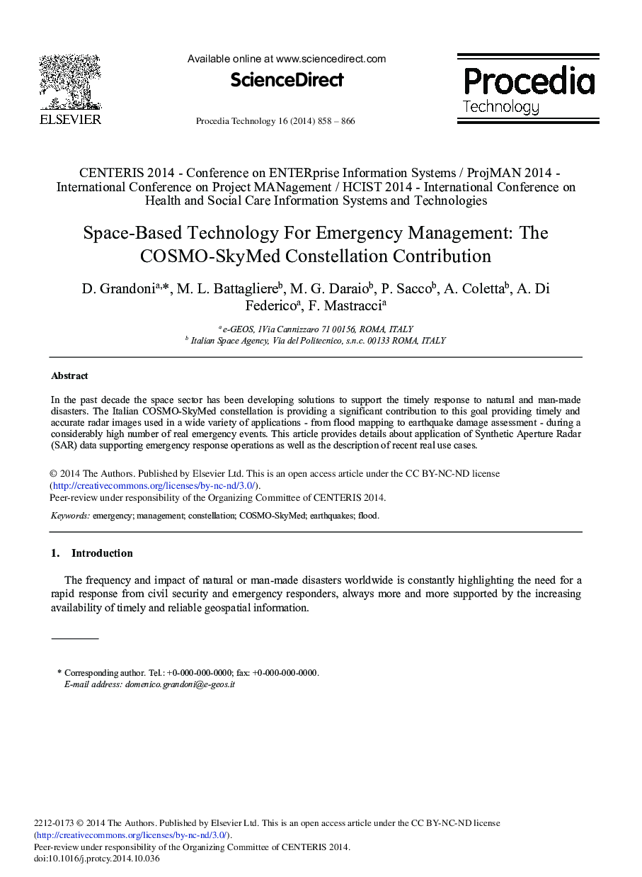 Space-based Technology for Emergency Management: The COSMO-SkyMed Constellation Contribution 