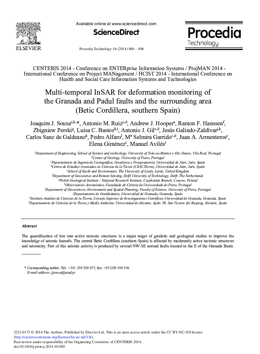 Multi-temporal InSAR for Deformation Monitoring of the Granada and Padul Faults and the Surrounding Area (Betic Cordillera, Southern Spain) 