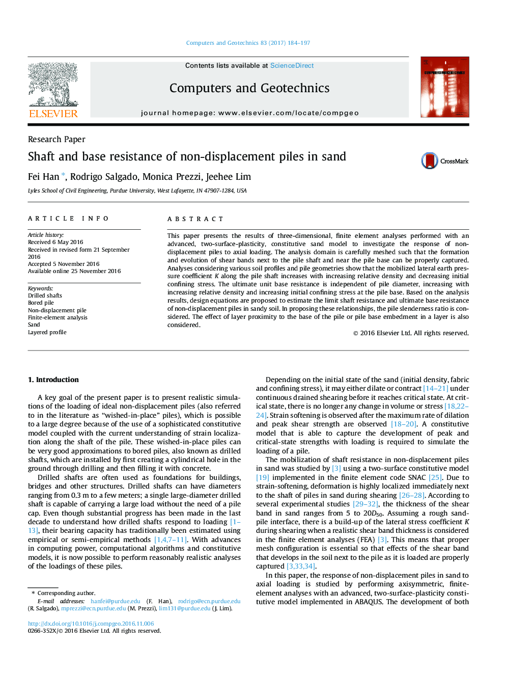 Research PaperShaft and base resistance of non-displacement piles in sand