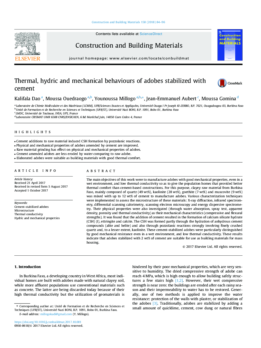 Thermal, hydric and mechanical behaviours of adobes stabilized with cement