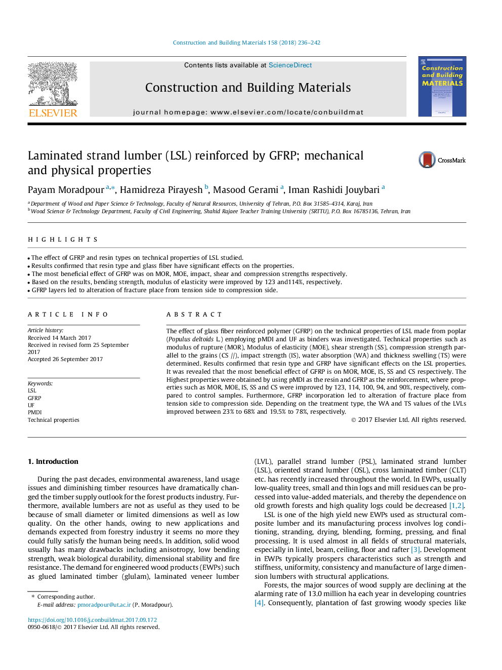 Laminated strand lumber (LSL) reinforced by GFRP; mechanical and physical properties