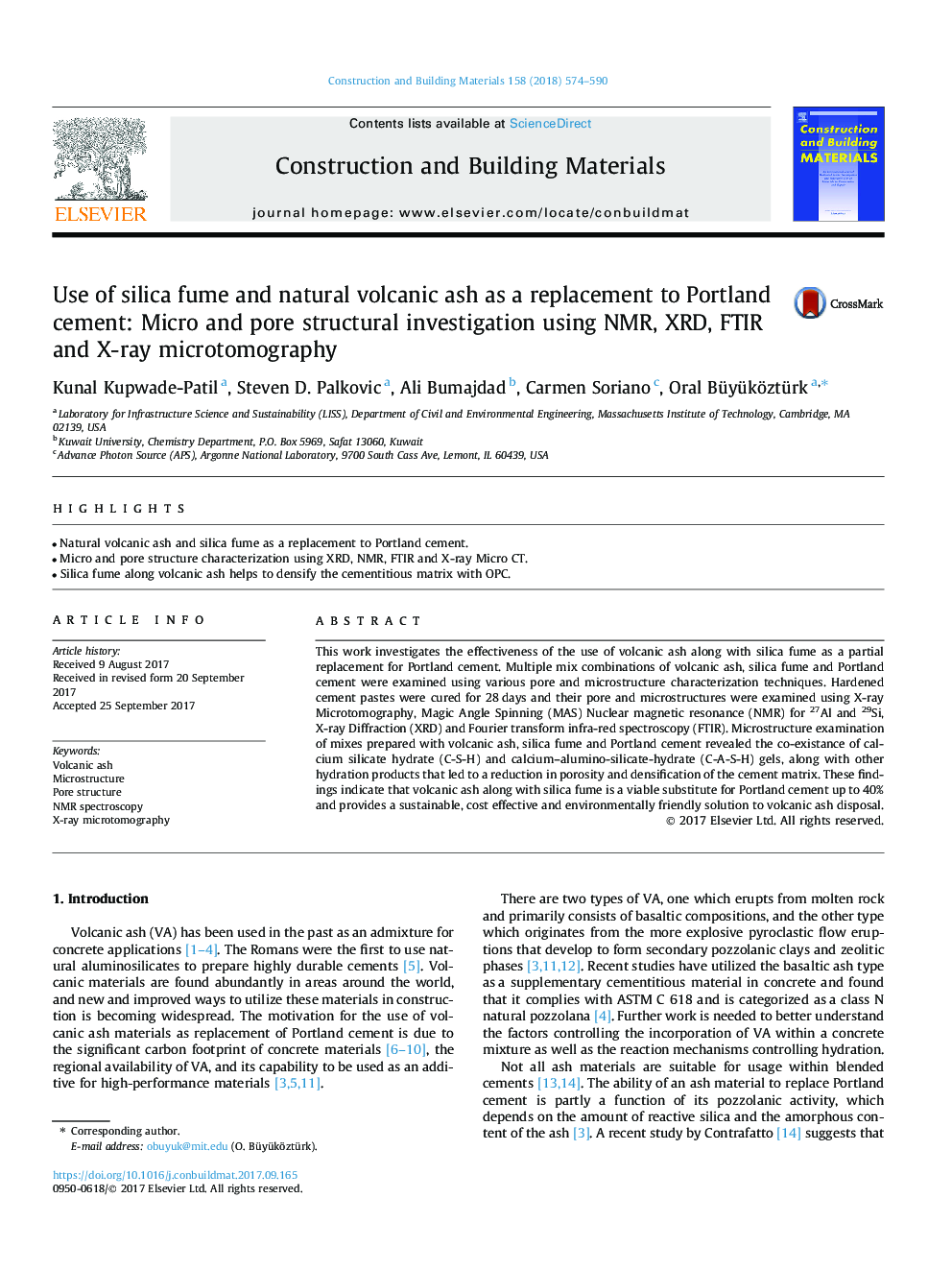 Use of silica fume and natural volcanic ash as a replacement to Portland cement: Micro and pore structural investigation using NMR, XRD, FTIR and X-ray microtomography