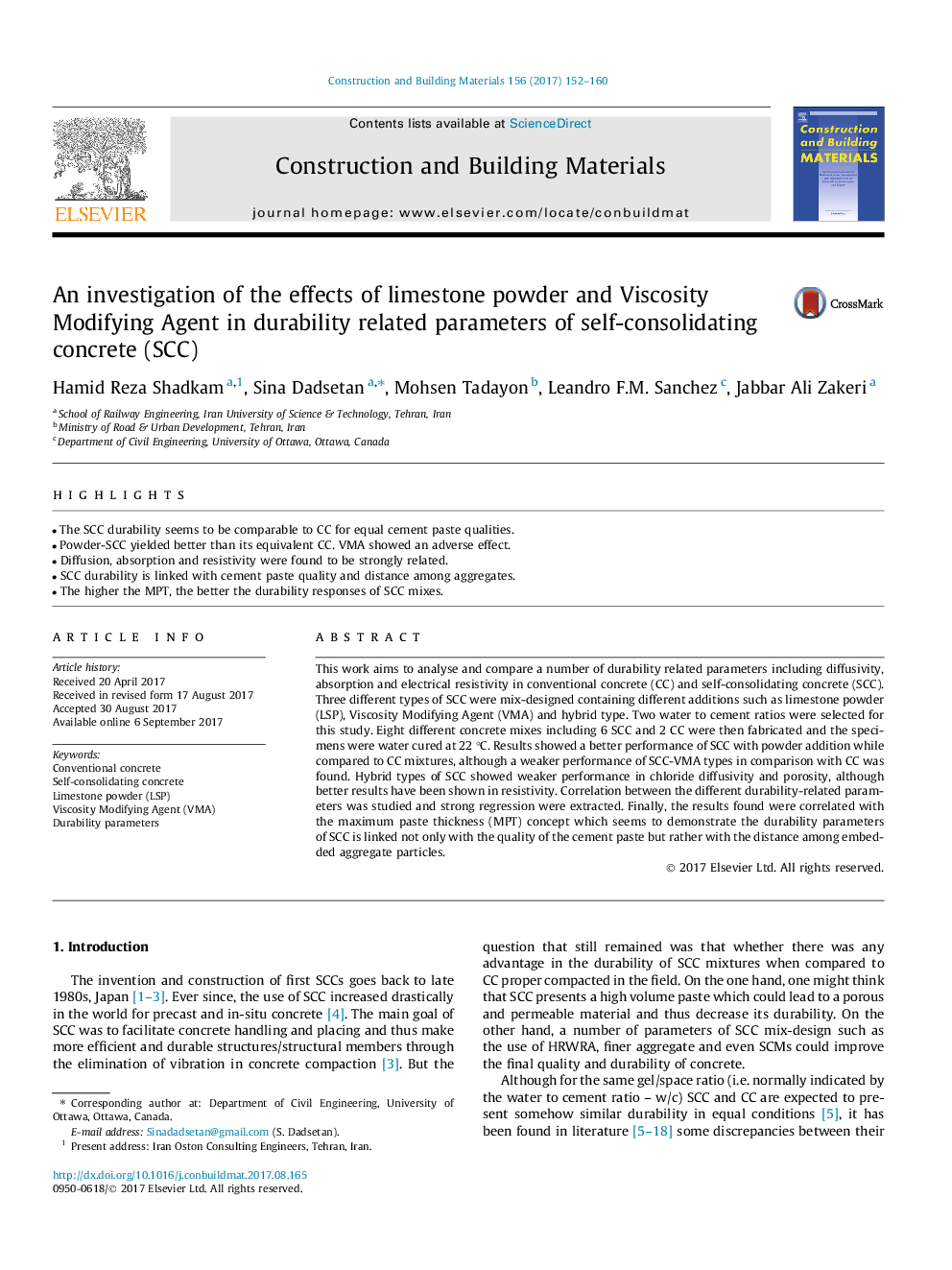 An investigation of the effects of limestone powder and Viscosity Modifying Agent in durability related parameters of self-consolidating concrete (SCC)