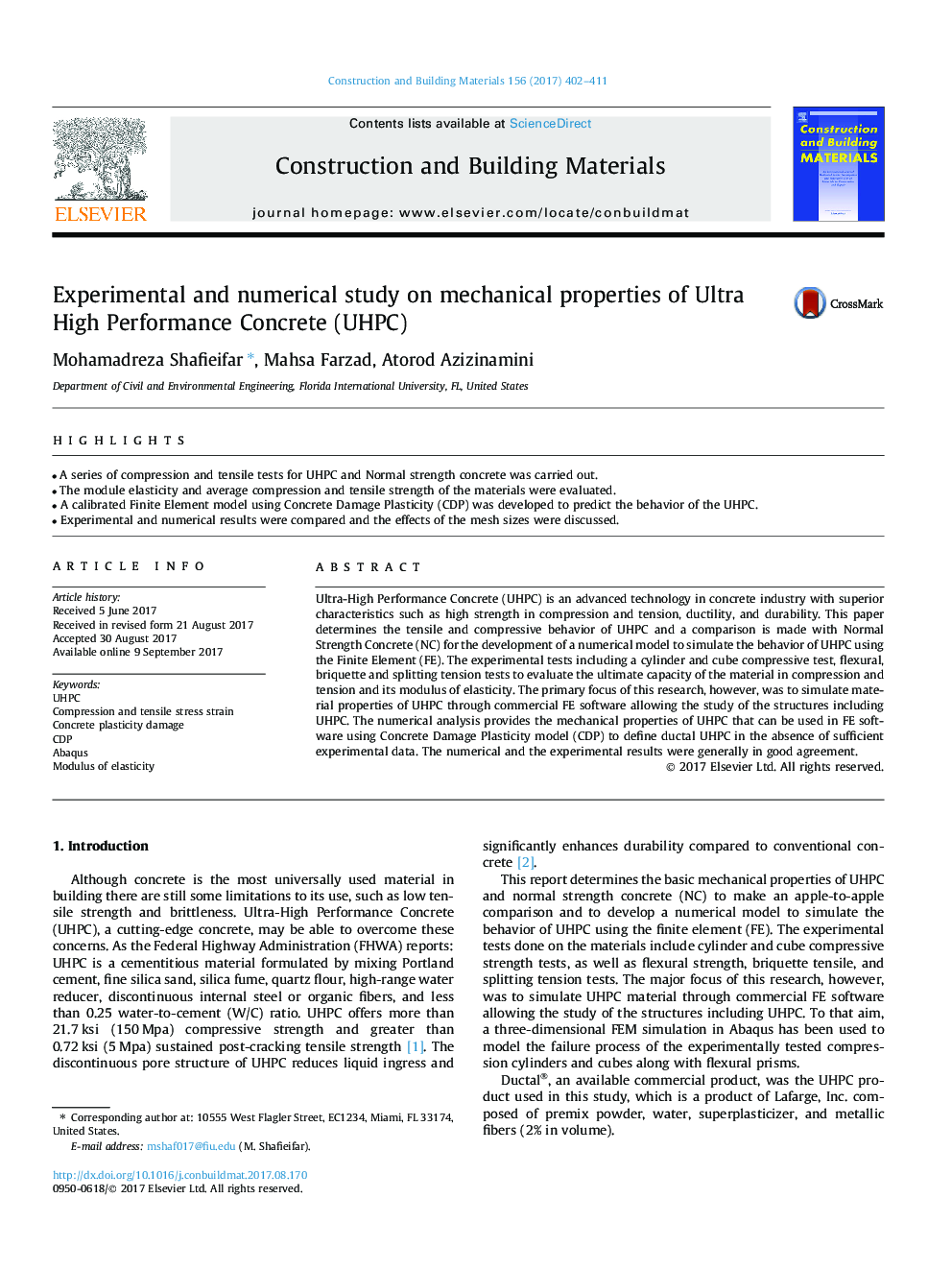 Experimental and numerical study on mechanical properties of Ultra High Performance Concrete (UHPC)