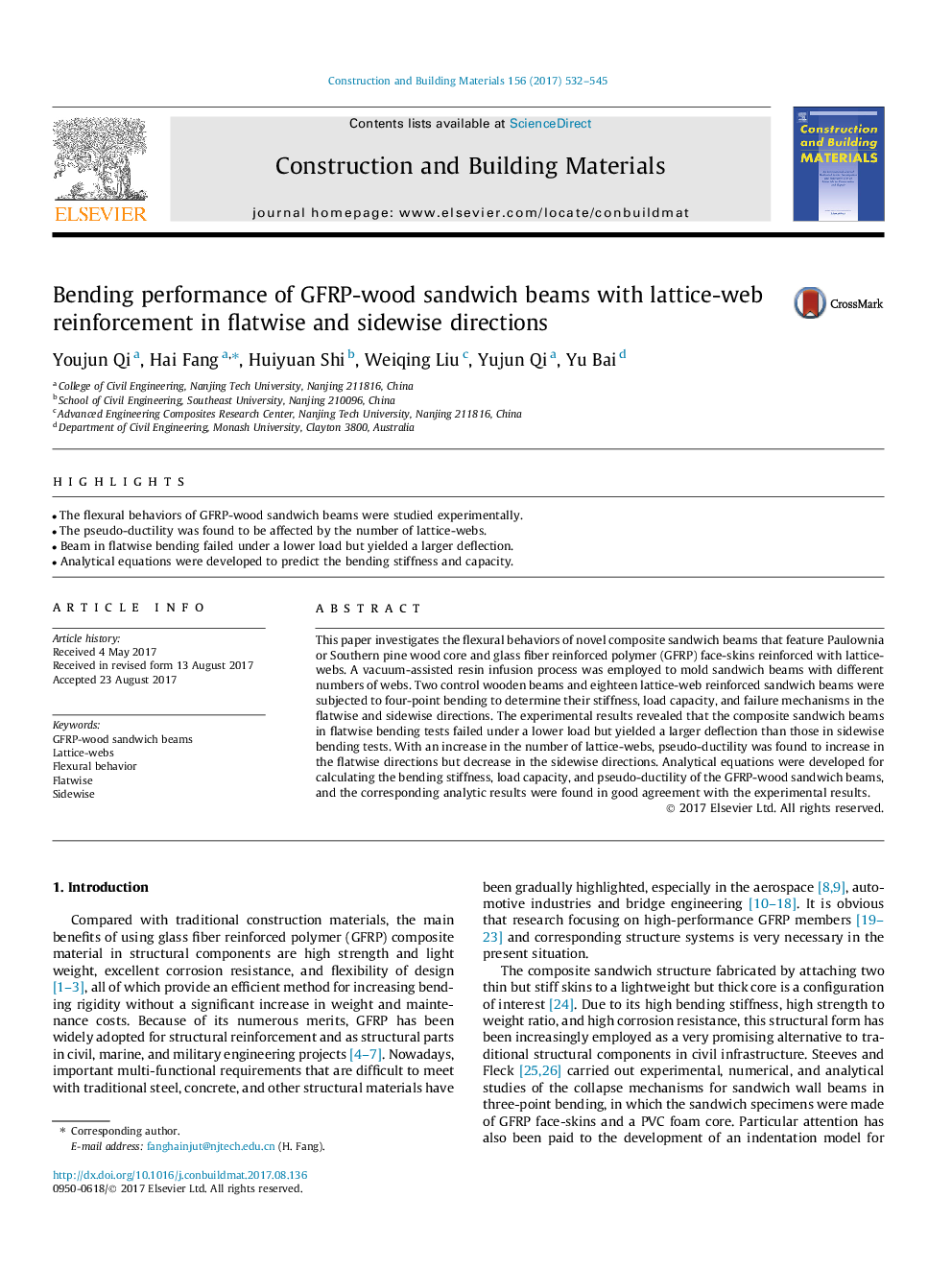 Bending performance of GFRP-wood sandwich beams with lattice-web reinforcement in flatwise and sidewise directions