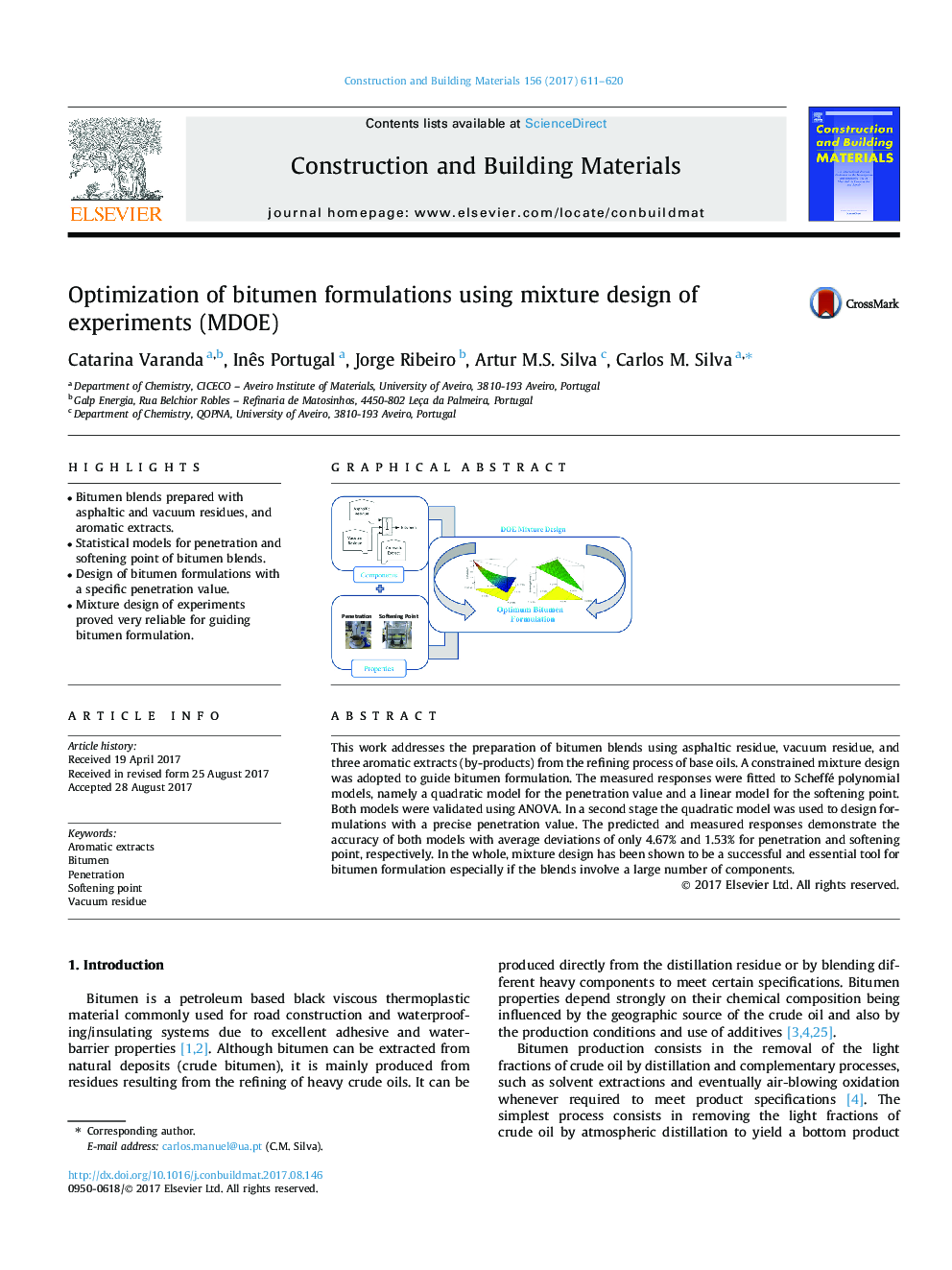 Optimization of bitumen formulations using mixture design of experiments (MDOE)