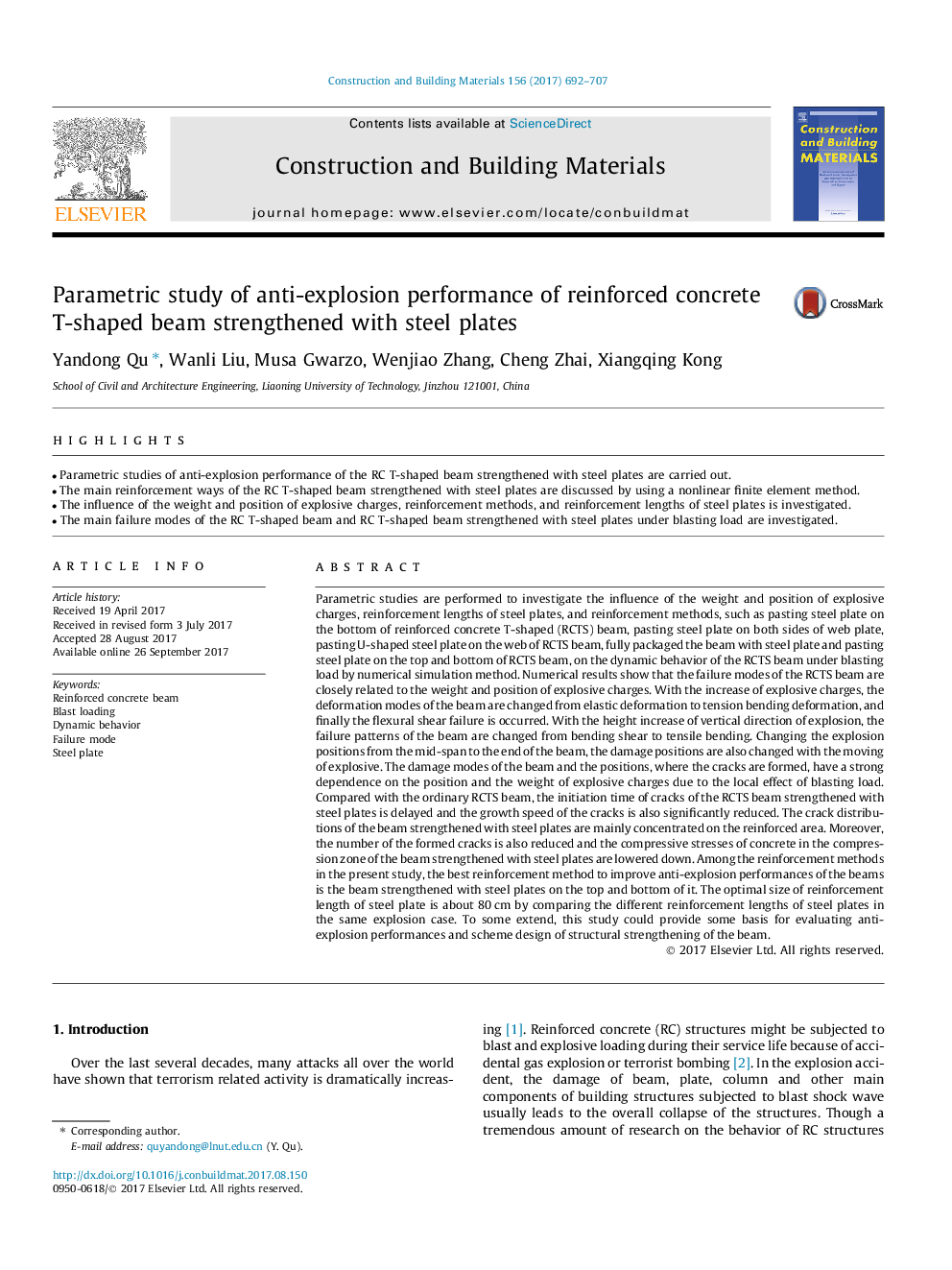 Parametric study of anti-explosion performance of reinforced concrete T-shaped beam strengthened with steel plates