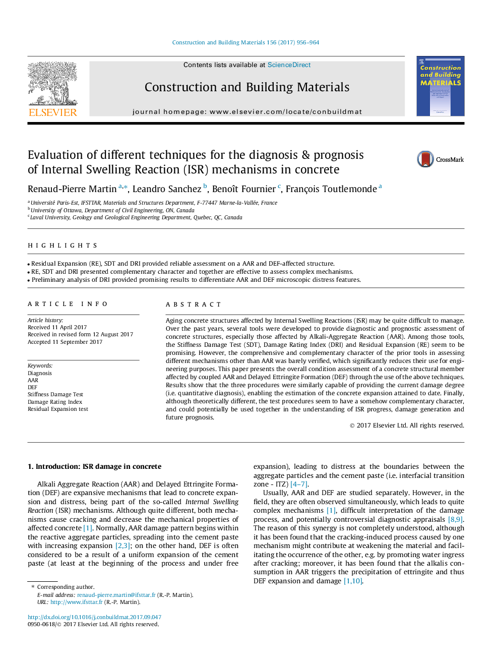 Evaluation of different techniques for the diagnosis & prognosis of Internal Swelling Reaction (ISR) mechanisms in concrete