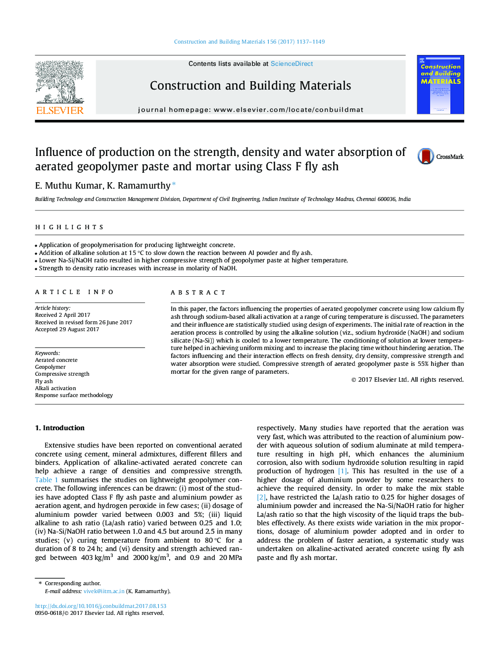 Influence of production on the strength, density and water absorption of aerated geopolymer paste and mortar using Class F fly ash