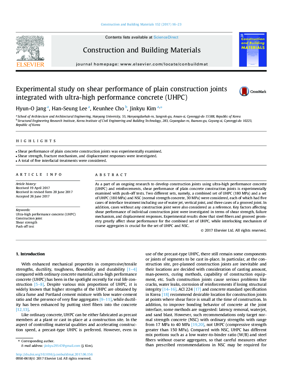 Experimental study on shear performance of plain construction joints integrated with ultra-high performance concrete (UHPC)