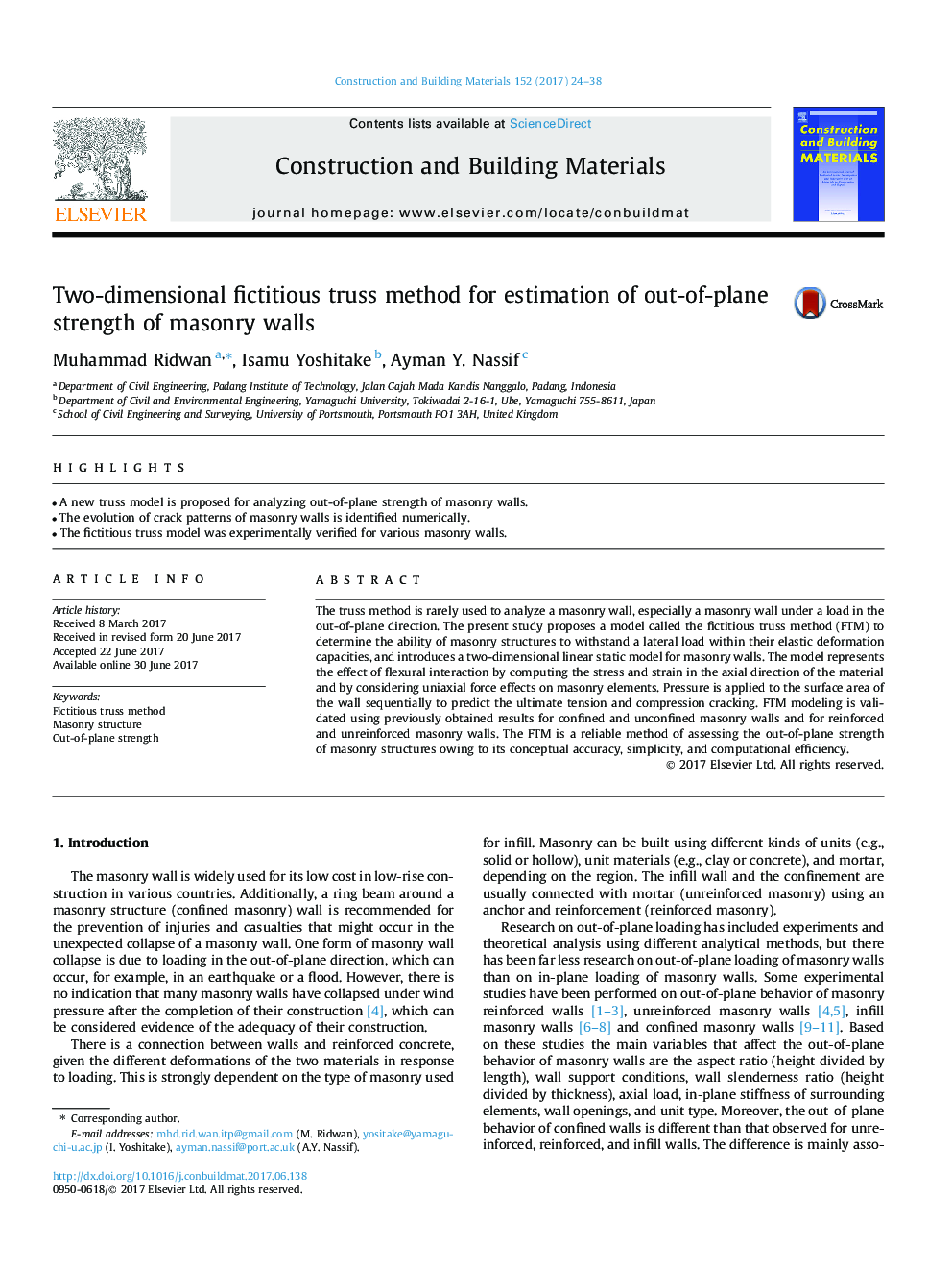 Two-dimensional fictitious truss method for estimation of out-of-plane strength of masonry walls