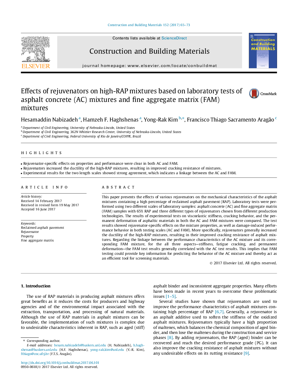 Effects of rejuvenators on high-RAP mixtures based on laboratory tests of asphalt concrete (AC) mixtures and fine aggregate matrix (FAM) mixtures