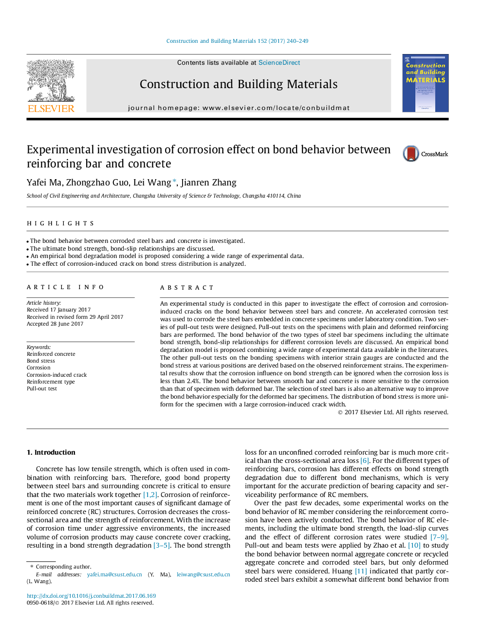 Experimental investigation of corrosion effect on bond behavior between reinforcing bar and concrete