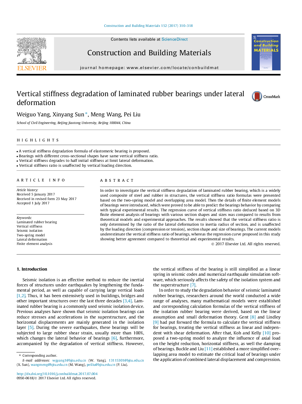 Vertical stiffness degradation of laminated rubber bearings under lateral deformation