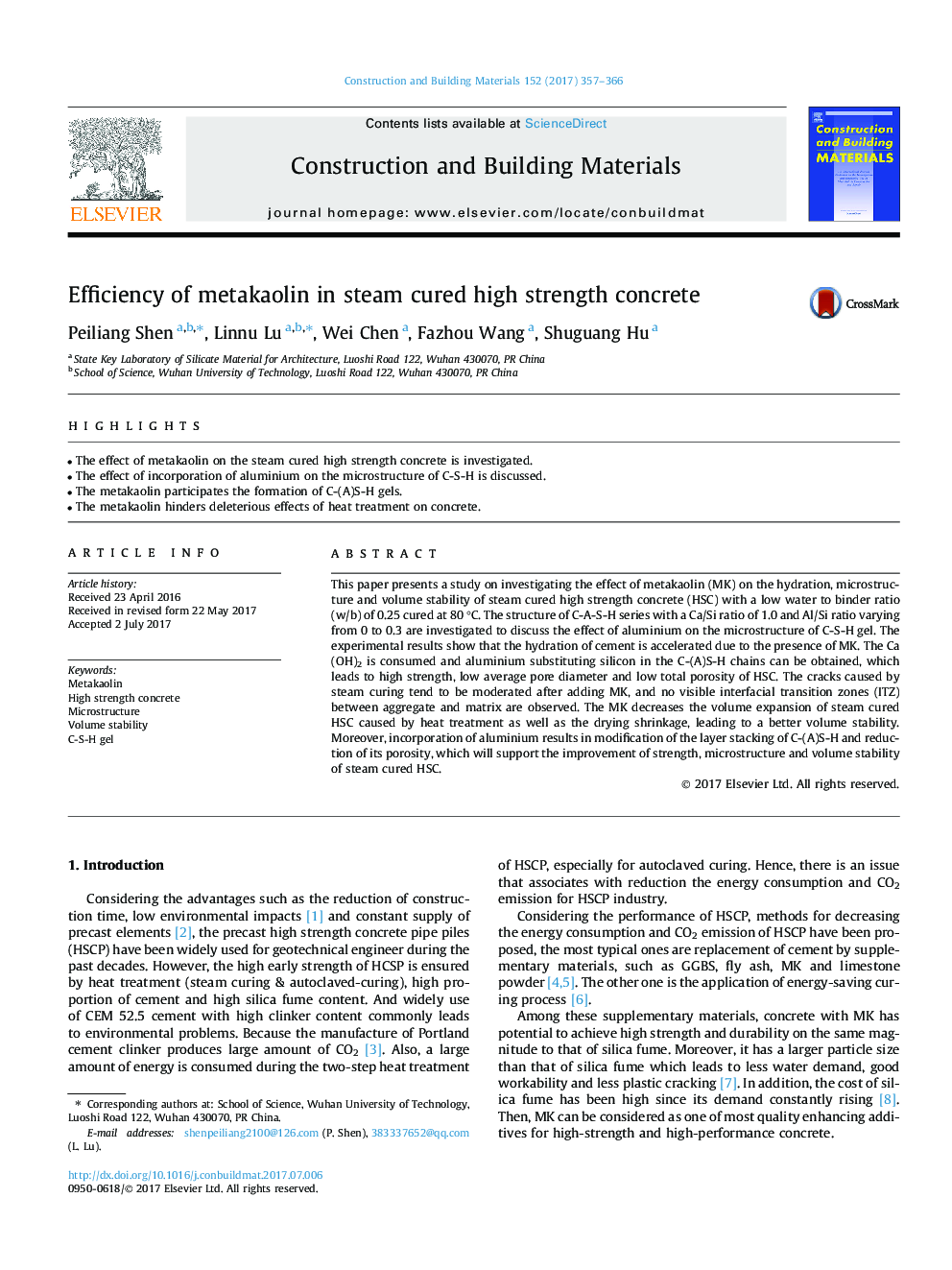 Efficiency of metakaolin in steam cured high strength concrete