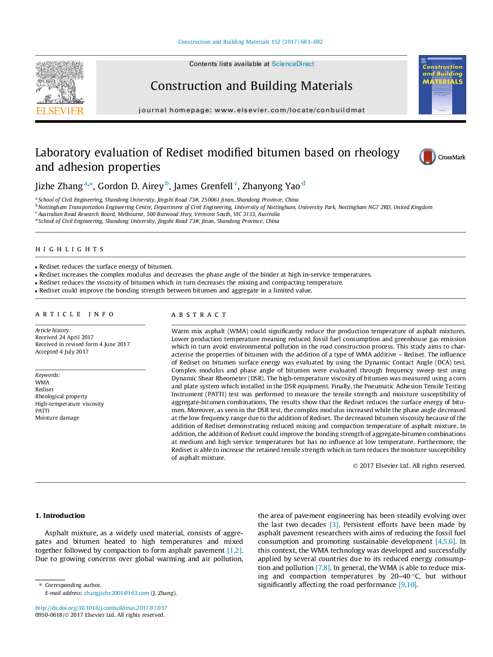 Laboratory evaluation of Rediset modified bitumen based on rheology and adhesion properties