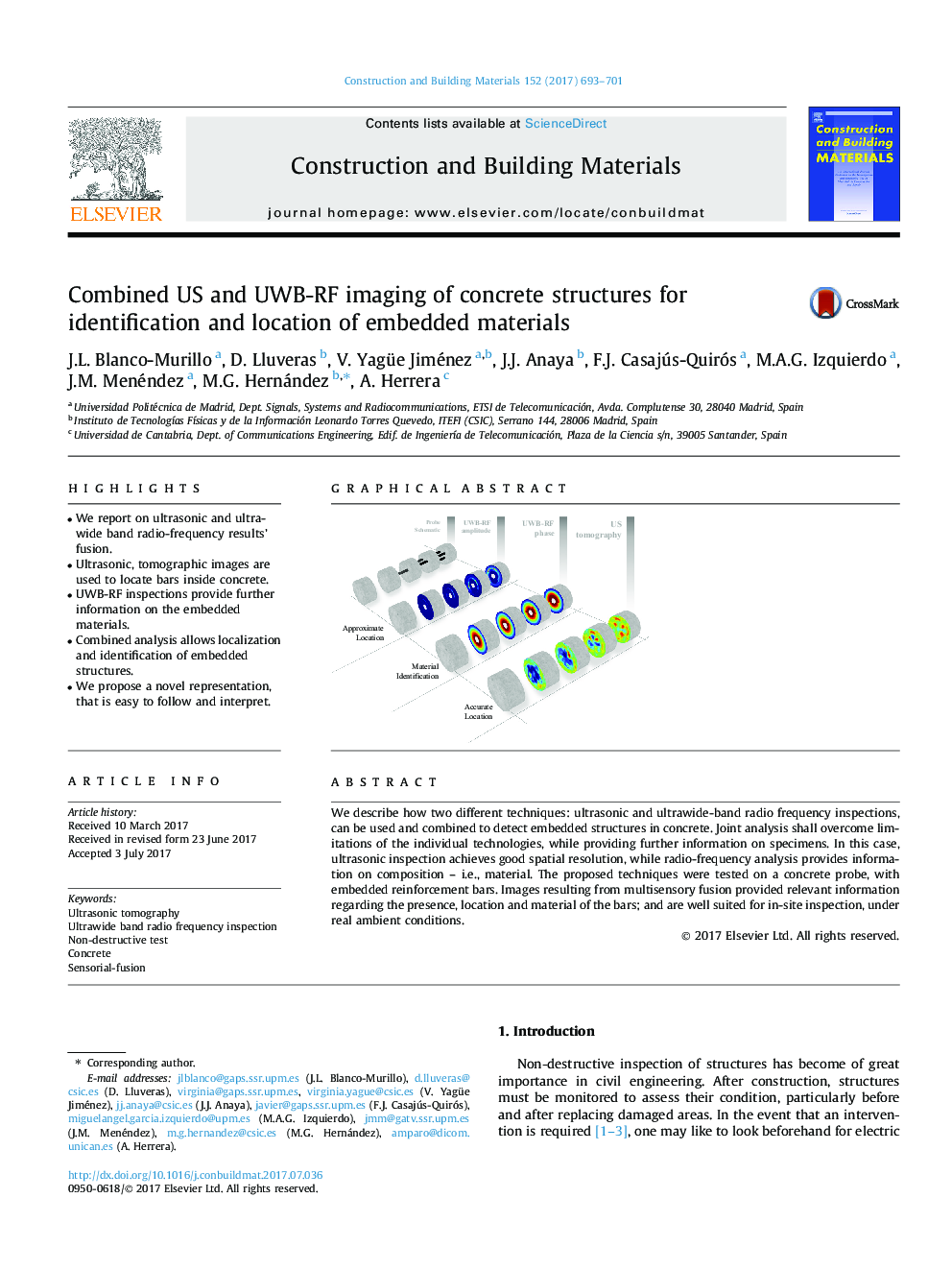 Combined US and UWB-RF imaging of concrete structures for identification and location of embedded materials