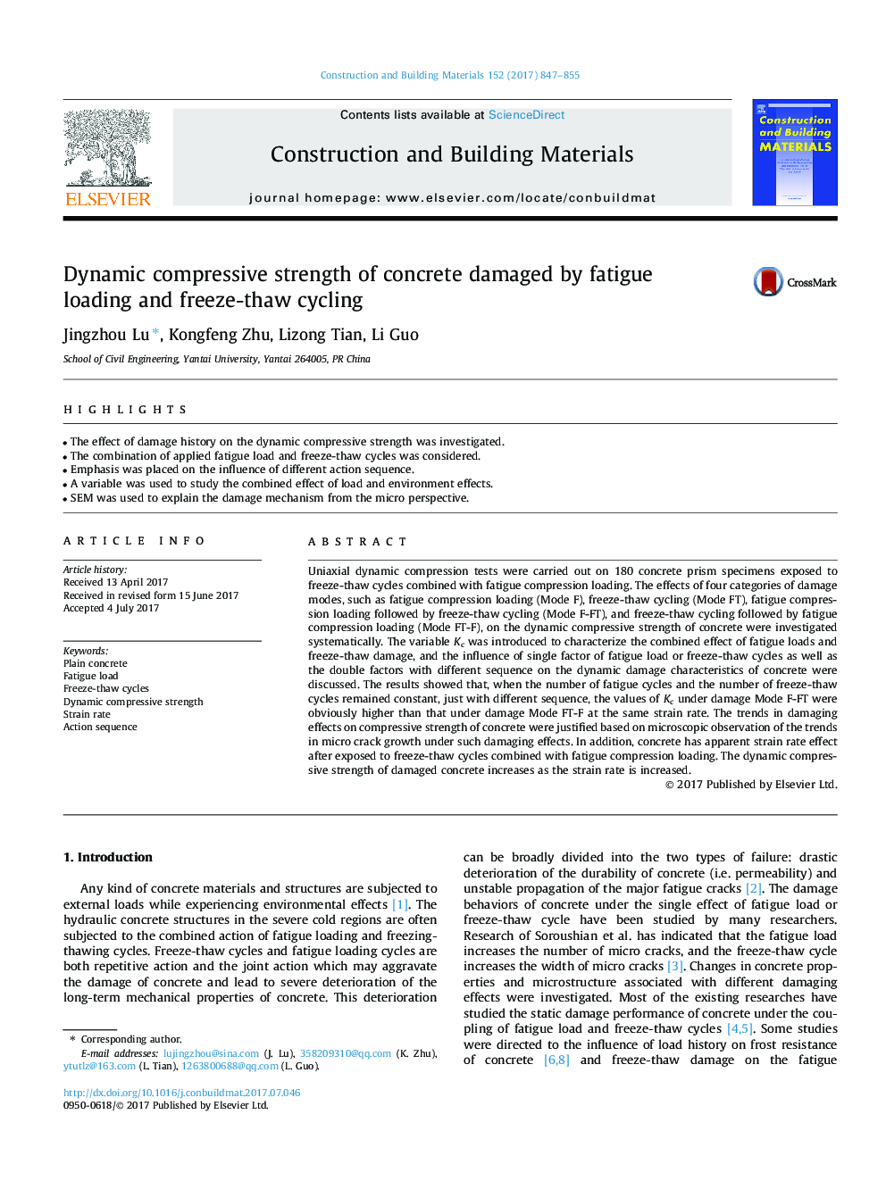 Dynamic compressive strength of concrete damaged by fatigue loading and freeze-thaw cycling