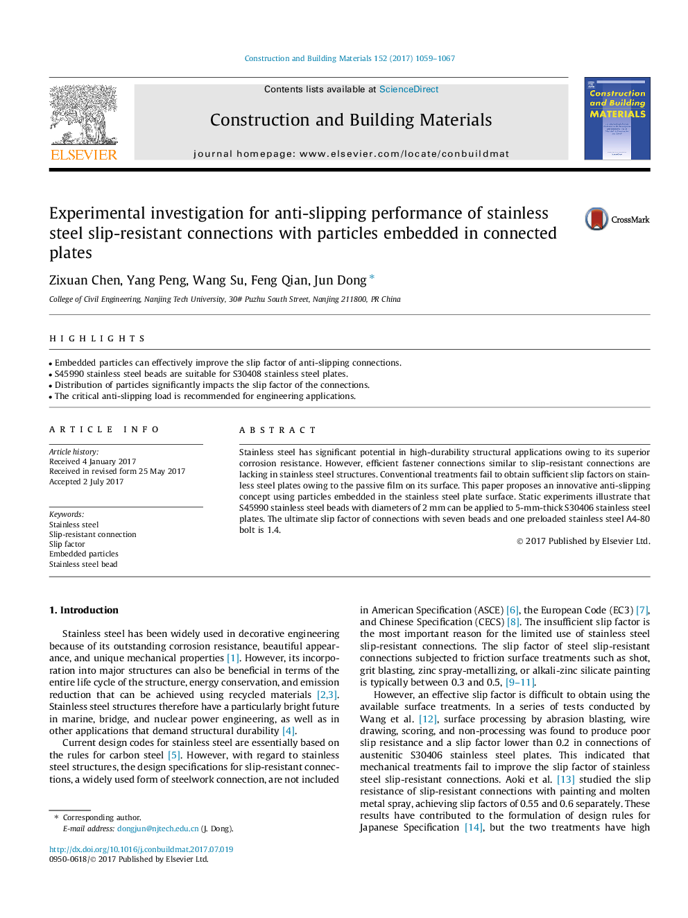 Experimental investigation for anti-slipping performance of stainless steel slip-resistant connections with particles embedded in connected plates