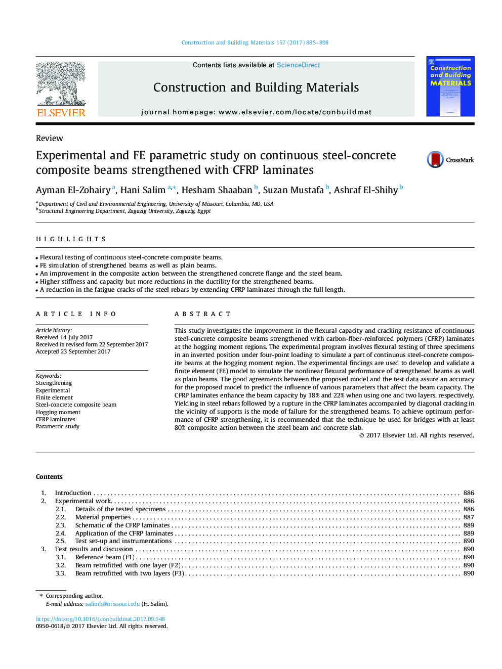 Experimental and FE parametric study on continuous steel-concrete composite beams strengthened with CFRP laminates
