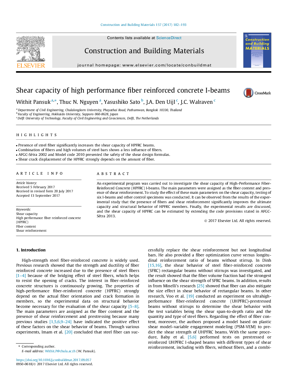 Shear capacity of high performance fiber reinforced concrete I-beams