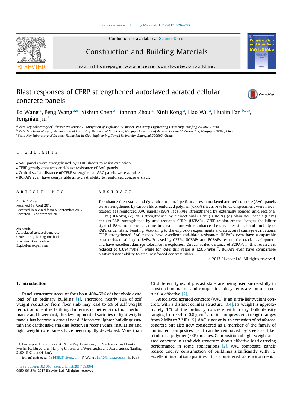 Blast responses of CFRP strengthened autoclaved aerated cellular concrete panels