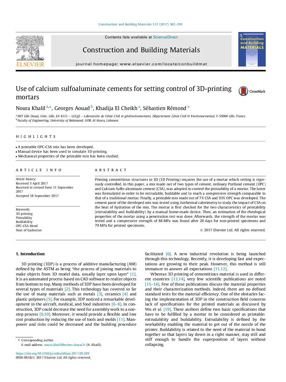 Use of calcium sulfoaluminate cements for setting control of 3D-printing mortars