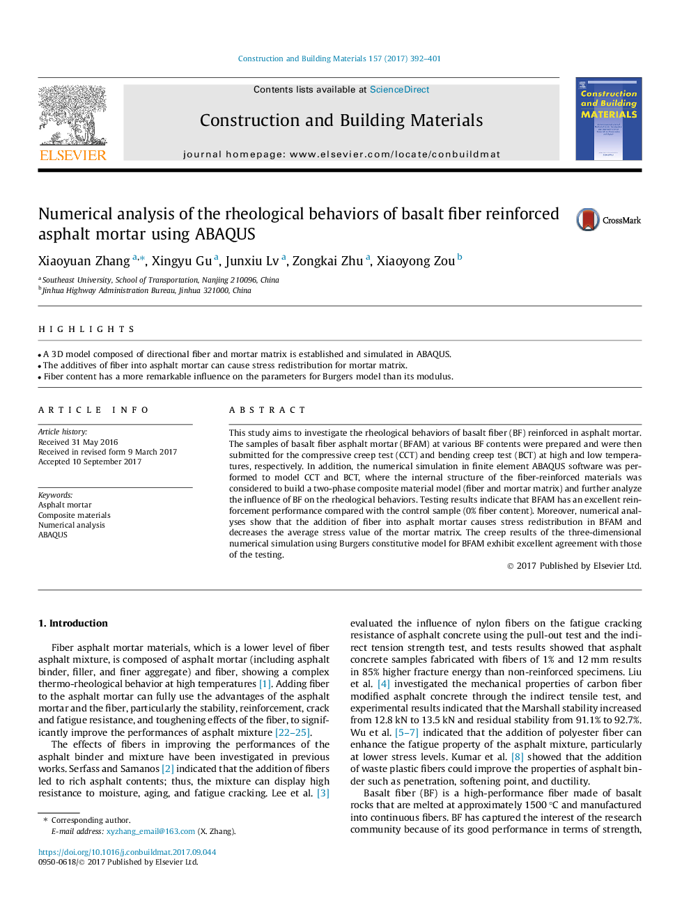 Numerical analysis of the rheological behaviors of basalt fiber reinforced asphalt mortar using ABAQUS