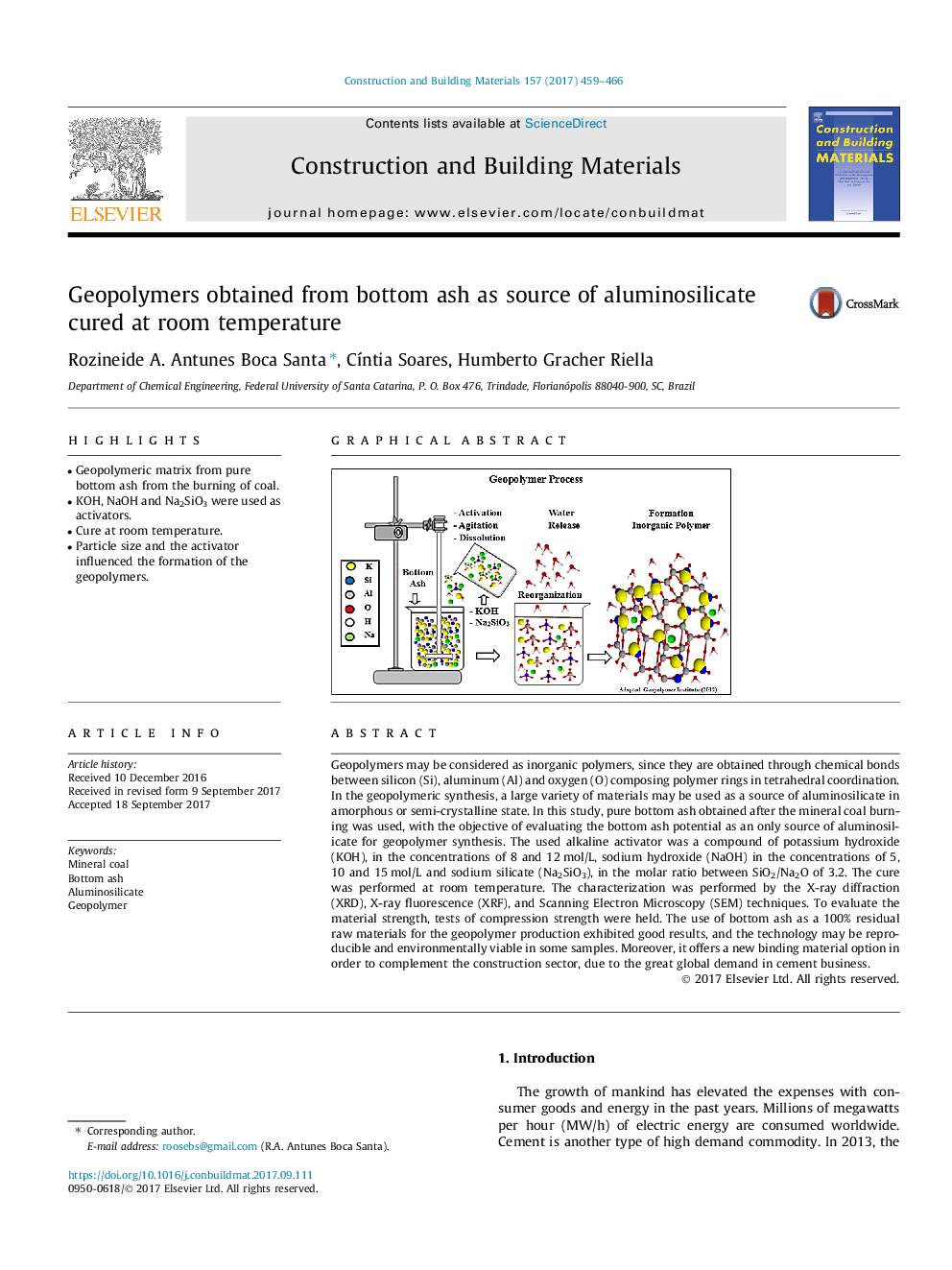 Geopolymers obtained from bottom ash as source of aluminosilicate cured at room temperature