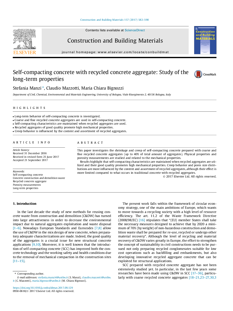 Self-compacting concrete with recycled concrete aggregate: Study of the long-term properties