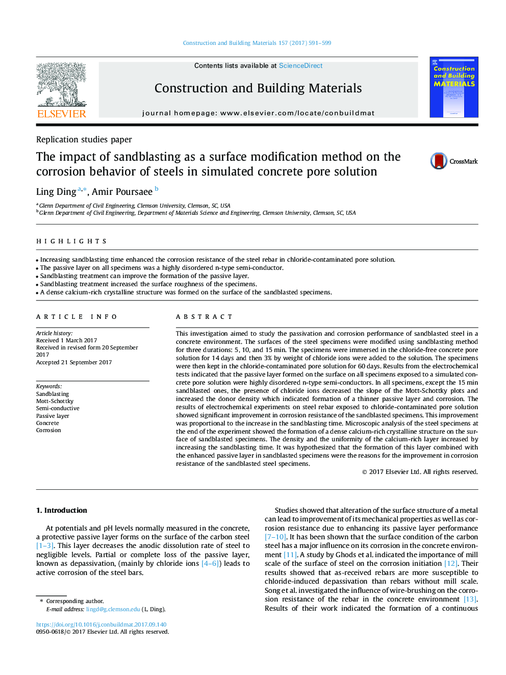 The impact of sandblasting as a surface modification method on the corrosion behavior of steels in simulated concrete pore solution