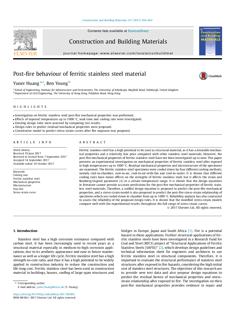 Post-fire behaviour of ferritic stainless steel material