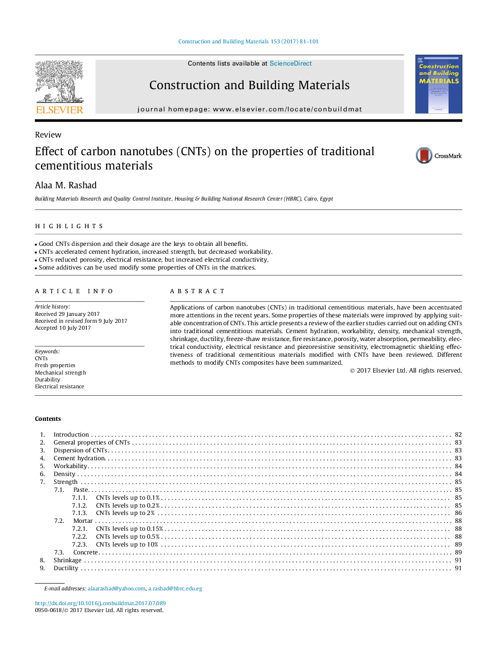 Effect of carbon nanotubes (CNTs) on the properties of traditional cementitious materials