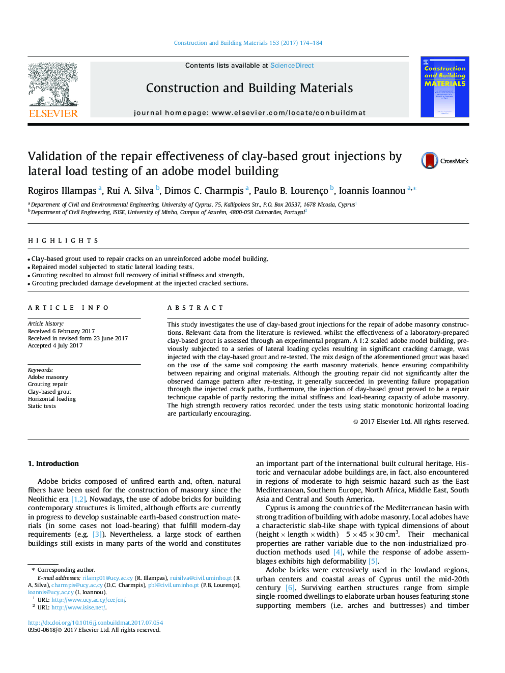 Validation of the repair effectiveness of clay-based grout injections by lateral load testing of an adobe model building