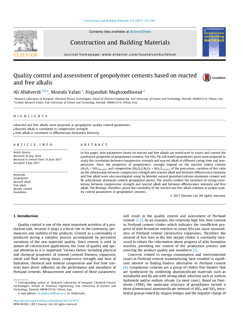 Quality control and assessment of geopolymer cements based on reacted and free alkalis