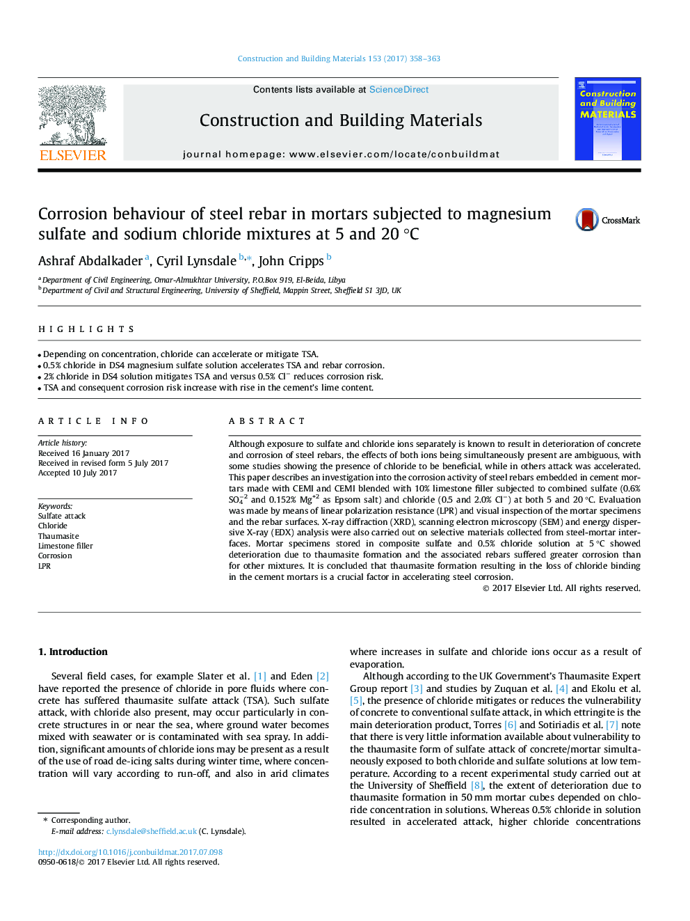 Corrosion behaviour of steel rebar in mortars subjected to magnesium sulfate and sodium chloride mixtures at 5 and 20Â Â°C