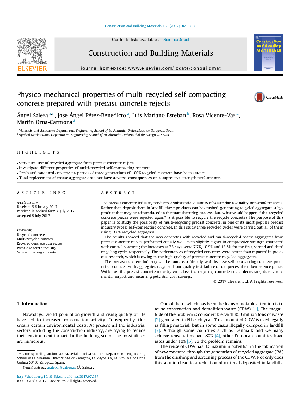 Physico-mechanical properties of multi-recycled self-compacting concrete prepared with precast concrete rejects