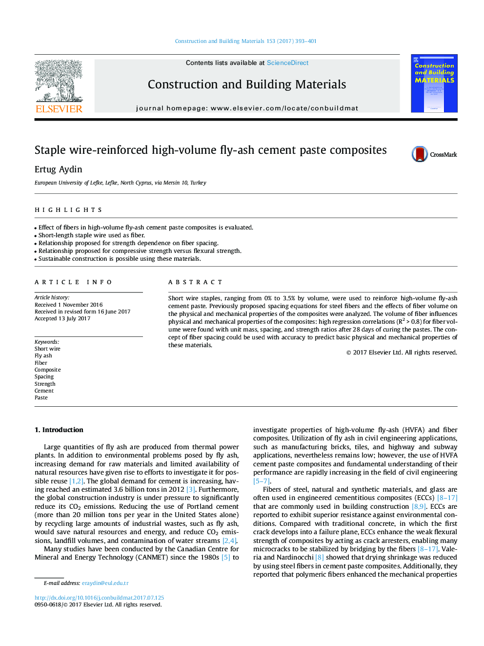 Staple wire-reinforced high-volume fly-ash cement paste composites