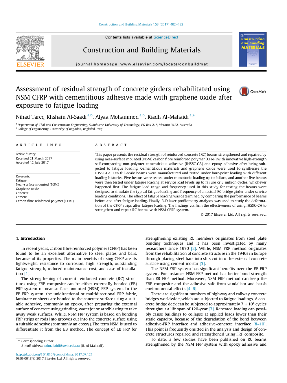 Assessment of residual strength of concrete girders rehabilitated using NSM CFRP with cementitious adhesive made with graphene oxide after exposure to fatigue loading