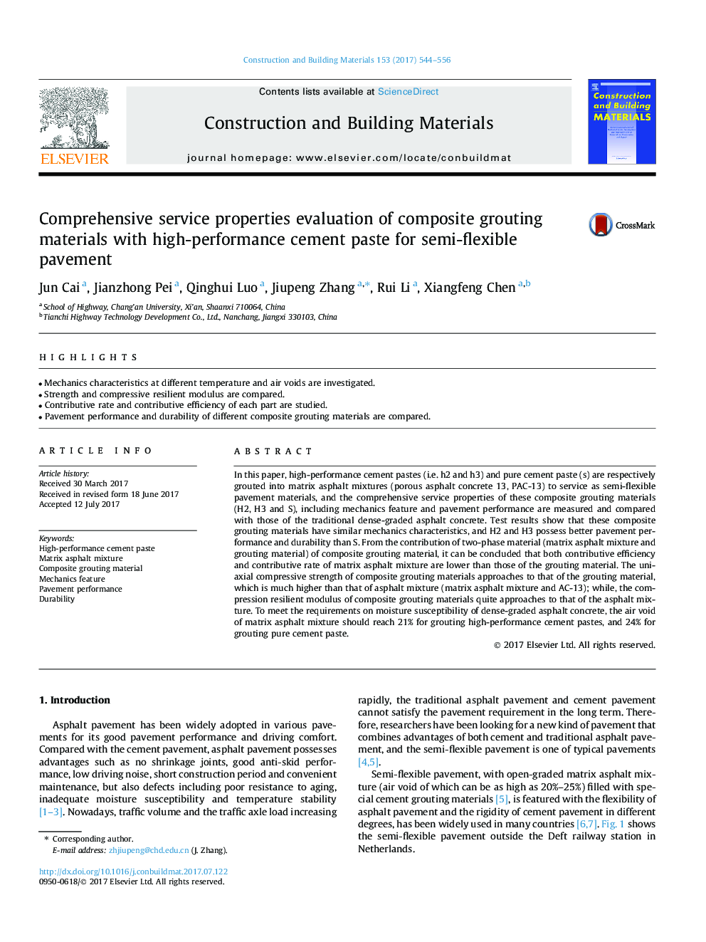 Comprehensive service properties evaluation of composite grouting materials with high-performance cement paste for semi-flexible pavement