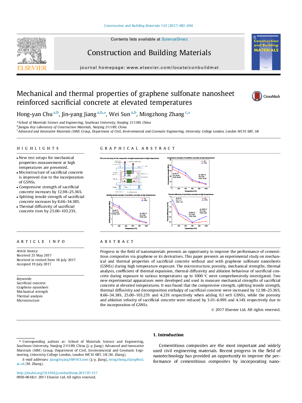 Mechanical and thermal properties of graphene sulfonate nanosheet reinforced sacrificial concrete at elevated temperatures