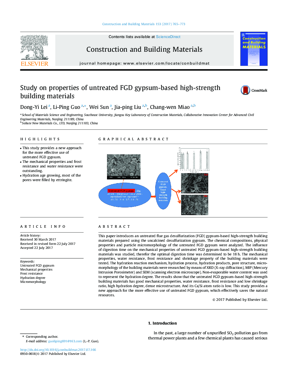 Study on properties of untreated FGD gypsum-based high-strength building materials