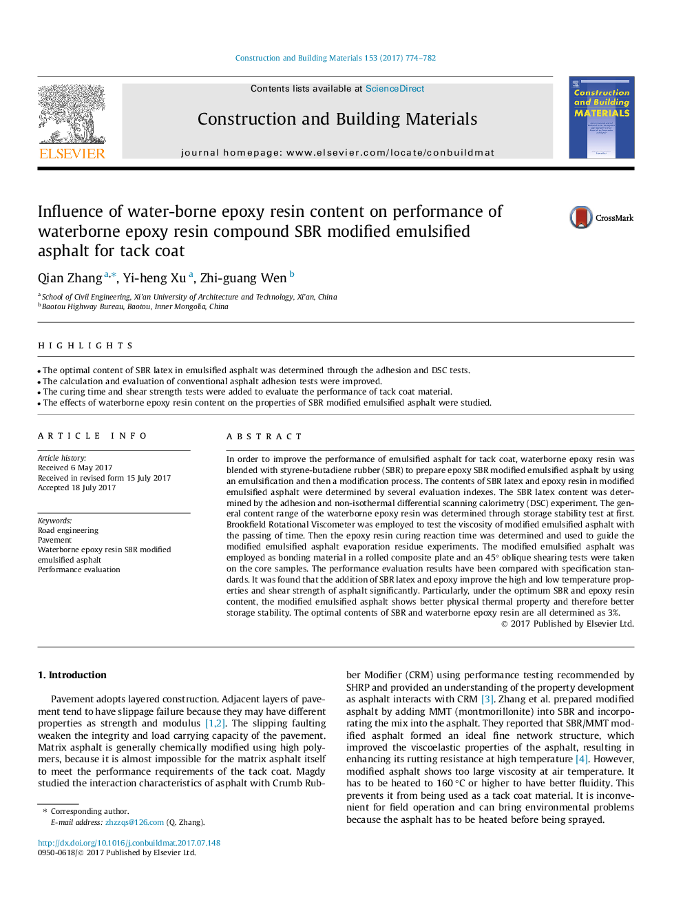 Influence of water-borne epoxy resin content on performance of waterborne epoxy resin compound SBR modified emulsified asphalt for tack coat