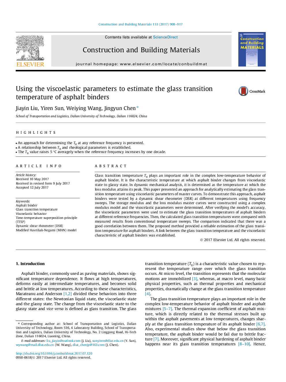 Using the viscoelastic parameters to estimate the glass transition temperature of asphalt binders