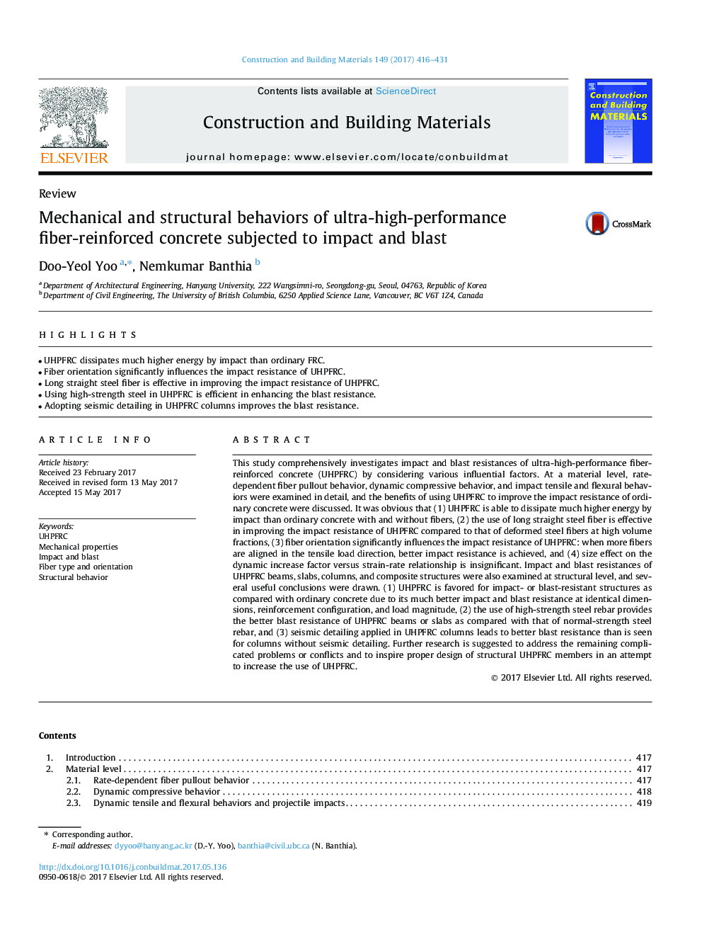 Mechanical and structural behaviors of ultra-high-performance fiber-reinforced concrete subjected to impact and blast