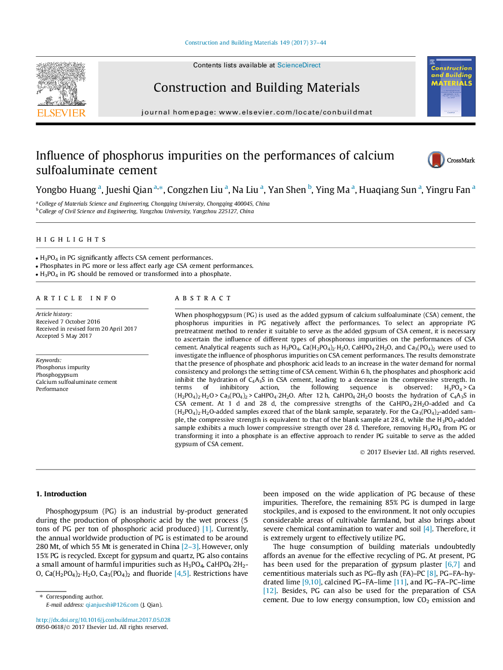 Influence of phosphorus impurities on the performances of calcium sulfoaluminate cement