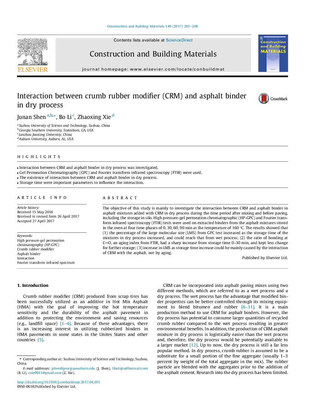 Interaction between crumb rubber modifier (CRM) and asphalt binder in dry process