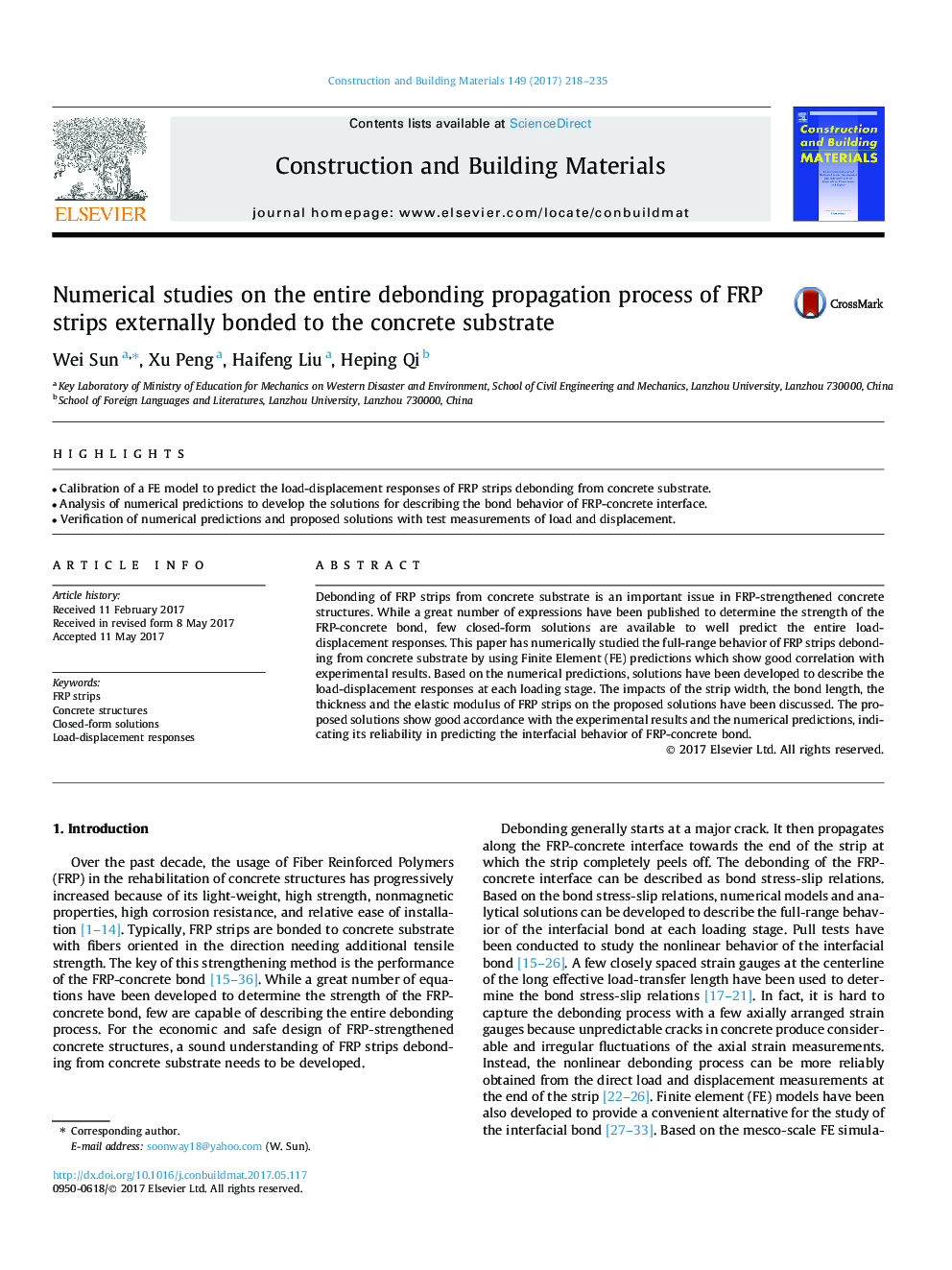 Numerical studies on the entire debonding propagation process of FRP strips externally bonded to the concrete substrate